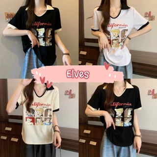 Elves✨พร้อมส่ง✨ เสื้อไหมพรมแขนสั้น คอปก ดีเทลลายการ์ตูนเจ้าหญิง ~89072~ -C