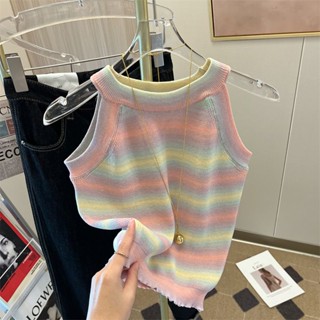 เสื้อสายเดี่ยว ผ้าถัก สีรุ้ง แฟชั่นฤดูใบไม้ผลิ และฤดูร้อน สําหรับผู้หญิง