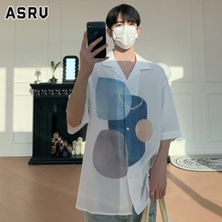 ASRV เสื้อเชิ้ตแขนสั้นผู้ชายวัยรุ่นนิยมอินเทรนด์ใหม่คอสี่เหลี่ยมมาตรฐานพิมพ์เชิ้ตเรียบง่าย