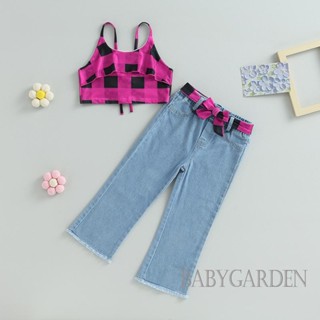 Babygarden-3-8 ปี ชุดเสื้อผ้าเด็กผู้หญิง, เสื้อสายเดี่ยว แขนกุด ลายสก๊อต พร้อมกางเกงยีน เอวยางยืด และเข็มขัด ชุดฤดูร้อน