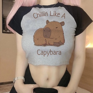 Capybara cyber y2k เสื้อครอปท็อป แฟชั่นเกาหลี โกธิค ฮาราจูกุ ไซเบอร์ y2k สุนทรีย์ สตรีท เสื้อครอป เสื้อยืด