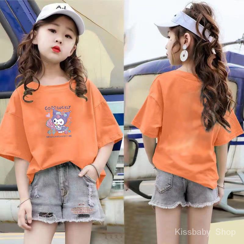 เสื้อยืดแขนสั้น-สีพื้น-แฟชั่นฤดูร้อน-สําหรับเด็กผู้หญิง-2023