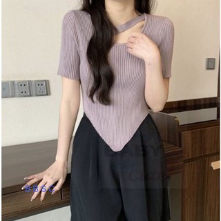 🌹BBSC🌹 เสื้อไหมพรมแขนสั้น คอกลม ดีเทลผ้าร่อง สายคาดหน้า เก๋ๆ #B835