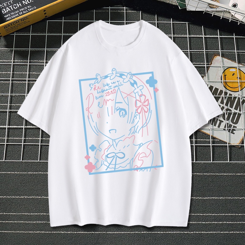 การ์ตูน-re-zero-rem-เสื้อยืดสองมิติเอมิเลียเสื้อผ้าญี่ปุ่นผู้ชายและผู้หญิงอะนิเมะผ้าฝ้ายแขนสั้นฤดูร้อน-หล่อ