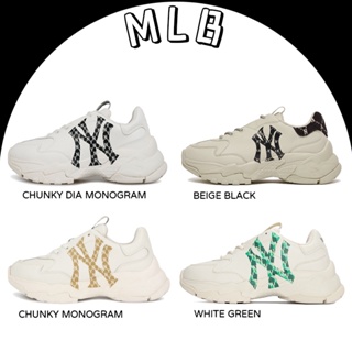 MLB Chunky Monogram Lt White Gold White Green Beige Black Black White รองเท้าผ้าใบ