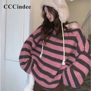 Cccindee เสื้อกันหนาว ทรงหลวม ลายทาง สไตล์เรโทร แฟชั่นใหม่ สําหรับผู้หญิง 2023