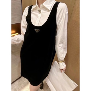 SUHU PRA * A 2023 autumn and winter New velvet shirt suspender skirt set letter embroidery logo decoration two-piece set womens fashion
