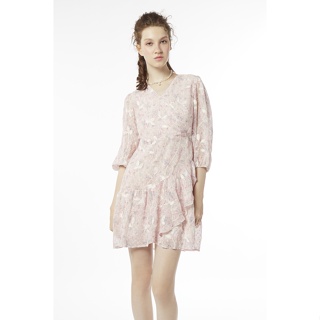 EP เดรสทรงไขว้ทับลายฟลอรัล ผู้หญิง สีชมพูอ่อน | Floral Embroidery Wrap Dress | 04752