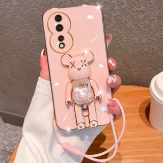 เคสโทรศัพท์มือถือ ซิลิโคนนิ่ม ชุบไฟฟ้า พร้อมสายคล้องมือ ลายหมี สําหรับ Huawei Honor 90 Pro 90lite Honor 80 SE 70 90 Pro