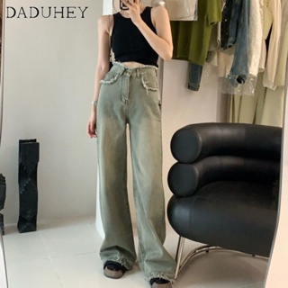 DaDuHey🎈 New Korean Style INS Retro Washed Jeans Raw Edge High Waist Women Wide-leg Pants Plus Size Casual Mop Pants