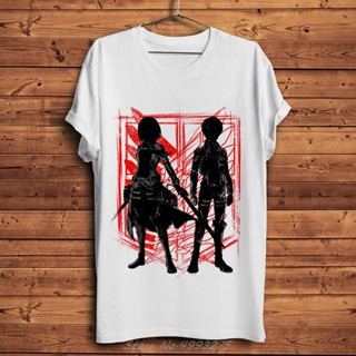 เสื้อยืดลําลอง แขนสั้น คอกลม พิมพ์ลายอนิเมะ Attack On Titan Mikasa Ackerman And Eren Jaeger สีขาว สําหรับผู้ชาย และ_01