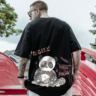 S-8XL Summer national tide cute painting panda print short-sleeved t-shirt for men and women couples fashion Hong K_01