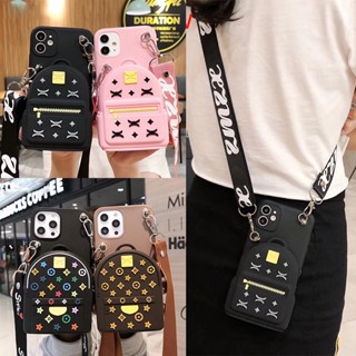 เคสโทรศัพท์มือถือ ซิลิโคนนิ่ม พร้อมกระเป๋าสตางค์ และสายคล้อง หรูหรา สําหรับ iPhone 14 Pro Max 14 Plus 13 12 Pro Max 12 13 Mini