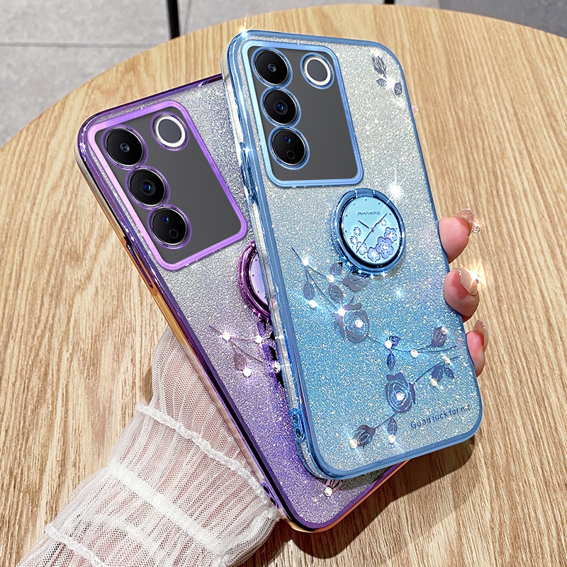 เคสยางนิ่ม-ลายดอกไม้-ประดับเพชร-วิบวับ-สําหรับ-vivo-v27-pro-v27e-v25-v25e-v23-5g