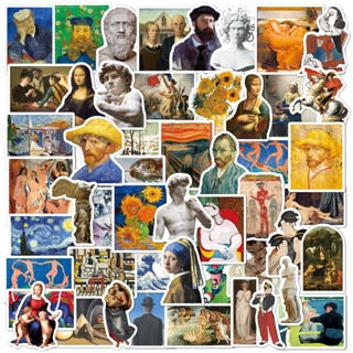 สติกเกอร์ภาพวาดสีน้ํามัน ลายกราฟฟิติ Van Gogh Mona Lisa กันน้ํา สําหรับตกแต่งกระเป๋าเดินทาง โน๊ตบุ๊ค รถยนต์ DIY จํานวน 52 แผ่น