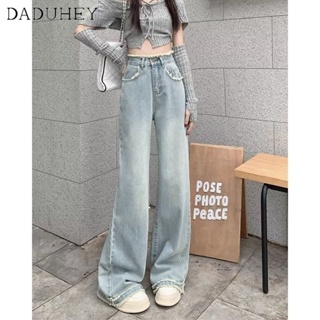 DaDuHey🎈 New Korean Style Ins Raw Edge Jeans Womens High Waist Wide Leg Pants Plus Size Loose Trousers