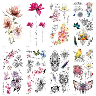 สติกเกอร์รอยสักชั่วคราว กันน้ํา ลายดอกไม้ สีสันสดใส สําหรับผู้หญิง และผู้ชาย