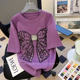 Purple bow tie t-shirt womens summer loose shoulder design a niche Hong Kong flavor retro chic blouse sweet and spicy ins