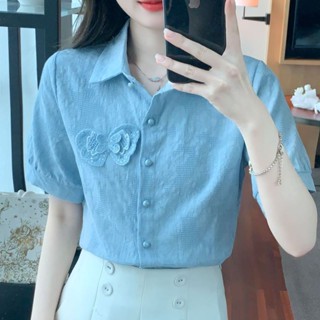 [สินค้าใหม่] เสื้อเชิ้ตแขนสั้น ผ้าฝ้ายแท้ แบบบาง ปักลาย แฟชั่นสําหรับสตรี