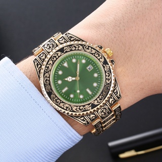 นาฬิกาข้อมือควอตซ์แฟชั่น สายแสตนเลสแกะสลัก ขนาดใหญ่ สีทอง และสีเงิน สไตล์วินเทจ สําหรับผู้ชาย