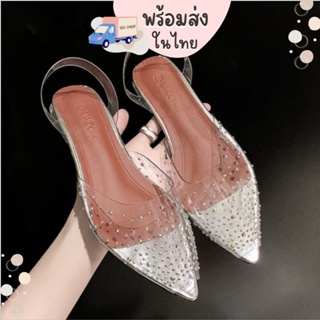 คุ้มที่สุด! [พร้อมส่ง] ส้นสูง 1.5 นิ้ว 35-42 รองเท้าแตะ size 35-42 Diamond Flat ส้นใส แต่งเพชร สวยๆมาแล้วจ้า  916