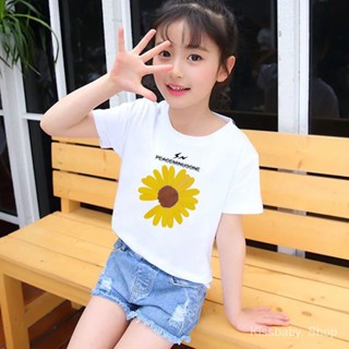 เสื้อยืดแขนสั้น ลายดอกเดซี่ สีขาว แฟชั่นฤดูร้อน สําหรับเด็กผู้หญิง 2020