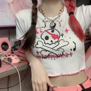 Y2Kเสื้อผู้หญิงแบบสั้น2023ฤดูร้อนสาวร้อนฮาราจูกุสไตล์เข้มลายการ์ตูนคอกลมแขนสั้นโชว์สะดือTเสื้อSL9874