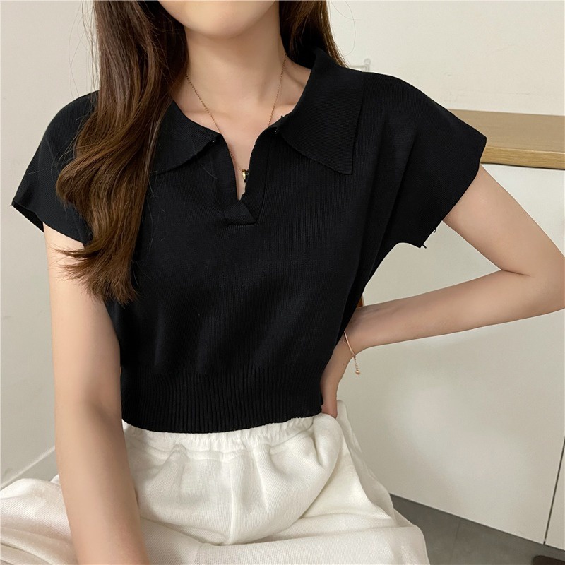 dodo-พร้อมส่ง-เสื้อคอปกทรงครอปผ้านิ่มใส่สบายมากค่าอิอิ-แขนกุดคอปก-k282