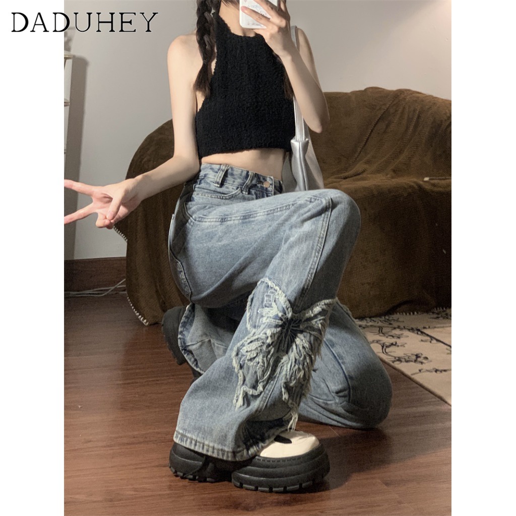 daduhey-womens-summer-butterfly-embroidered-retro-washed-jeans-korean-style-high-waist-slimmingslim-casual-mop-bootcut-pants