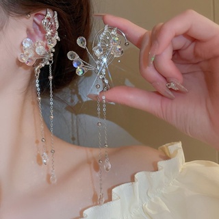 Super immortal crystal tassel earrings for women without ear holes advanced sense earrings 2023 new fashionable minority bride earrings