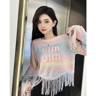 AUVQ MIU MIU 2023 autumn and winter New gradient color pink tassel burrs three-dimensional embroidery letter long sleeve pullover knitted top