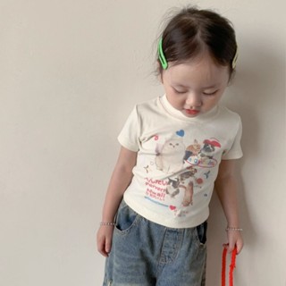 พร้อมส่ง ลดกระหน่ํา เสื้อยืดแขนสั้น พิมพ์ลายการ์ตูน สีขาว สไตล์เกาหลี และญี่ปุ่น เหมาะกับฤดูร้อน สําหรับเด็กผู้หญิง