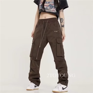 2TOYOUNG กางเกงขายาว คาร์โก้ กางเกง เชือกอเมริกันคลาสิค Cargo pants 2023 NEW AG080810