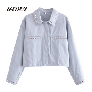 Uibey เสื้อโค้ทแฟชั่น คอปก สีพื้น 68177