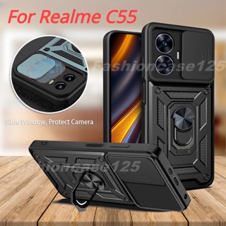 เคสโทรศัพท์มือถือ PC แข็ง ขอบนิ่ม กันกระแทก พร้อมแหวนขาตั้ง สําหรับ Realme C55 RealmeC55 4G 2023