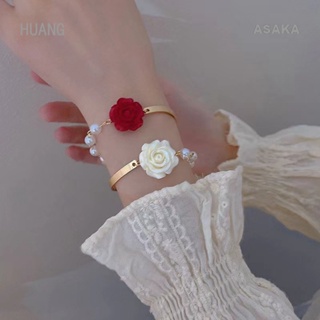 Asaka สร้อยข้อมือ ประดับโบว์ ไข่มุก ดอกกุหลาบ สีแดง และสีขาว ระดับไฮเอนด์ แฟชั่นสําหรับผู้หญิง