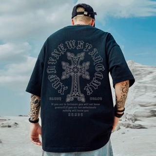 Oversize American Heavy Tide แบรนด์เสื้อผ้าผู้ชายอ้วนขนาดใหญ่ National Tide Hip-Hop เสื้อยืดแขนสั้นทรงหลวมห้าจุดเสื้อยืดครึ่งแขน