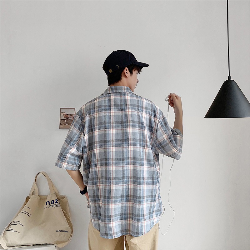 summer-mens-plaid-check-short-sleeve-slim-fit-shirt-casual-shirt-fashion-business-shirt