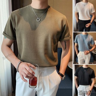 เสื้อยืดแขนสั้น คอกลม ลายวาฟเฟิล สีพื้น สไตล์เกาหลี เหมาะกับฤดูร้อน สําหรับผู้ชาย XH015