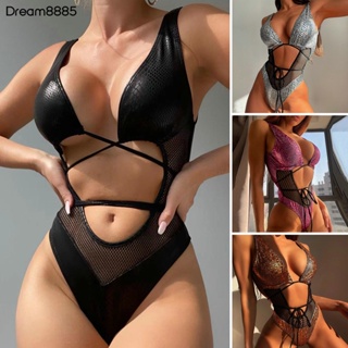 Drea- ผู้หญิง Monokini เปิดหลังแหอวนซีทรูความยืดหยุ่นสูงบอดี้คอนว่ายน้ําลึกคอวีสูง