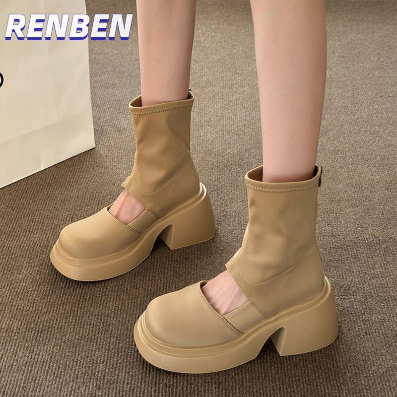 renben-รองเท้าบูทสั้นส้นหนาแฟชั่นสตรีทุกคู่ย้อนยุครองเท้าแตะกันลื่นระบายอากาศ