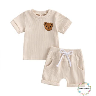 Babyclom- ชุดเสื้อยืด แขนสั้น ลายหมี และกางเกงขาสั้น แบบผูกเชือก ยืดหยุ่น แฟชั่นฤดูร้อน สําหรับเด็กผู้ชาย 2 ชิ้น