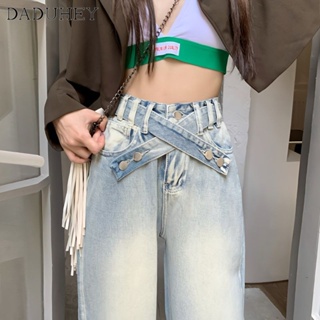 DaDuHey🎈 Korean Style Retro Womens Jeans Straight Loose New High Waist Slim Wide Leg Waist Cross Design Casual Mop Pants