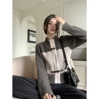 Retro Contrast Color Sweater Womens Early Spring 2023 Lazy Style Knitted Cardigan Stitching Jacket Design Niche Loose