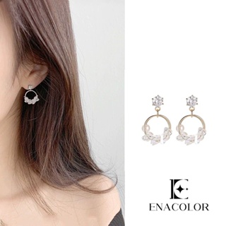 Enacolor Ins ใหม่ สวยหรู แฟชั่นเกาหลี ต่างหูคริสตัล มุก โลหะ เด็กผู้หญิง