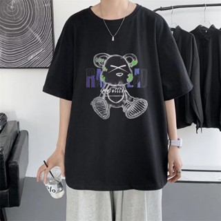 National Trendy Bear Print Short-Sleeved t-Shirt Men Women Summer Loose All-Match Large Size Hong Kong Style Street_03