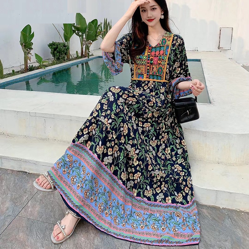 new-product-in-stock-southeast-asian-summer-ethnic-style-embroidered-dress-cotton-silk-floral-beach-dress-v-neck-big-swing-quality-assurance-fjaa