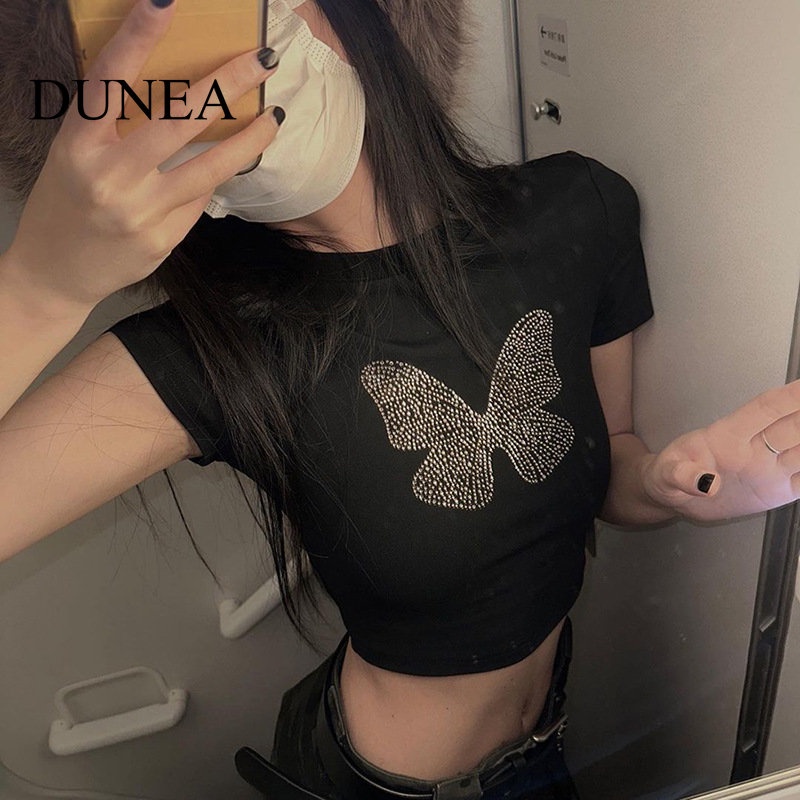 dunea-เสื้อยืดครอป-แขนสั้น-ลายผีเสื้อ-ประดับกลิตเตอร์-หิน-สําหรับผู้หญิง