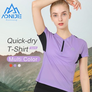Aonijie FW5159 เสื้อยืดแขนสั้น คอกลม มีซิป ระบายอากาศ แห้งเร็ว สําหรับผู้หญิง