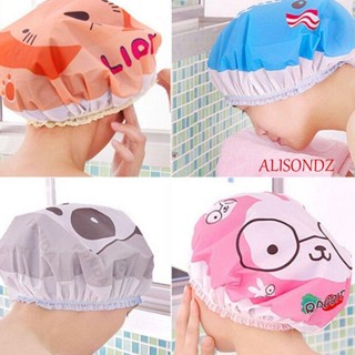Alisondz หมวกอาบน้ําพลาสติกลายการ์ตูนกันน้ําสําหรับผู้หญิง